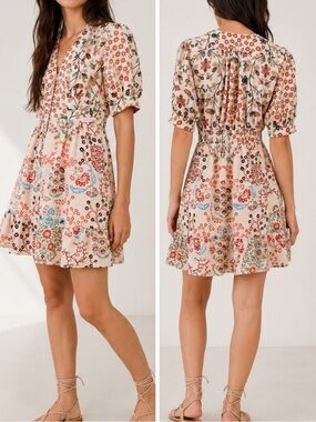 ba&sh Ganiela Floral French Boho V-Neck Button Front Ruffle Hem Mini Dress